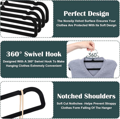 30 Pack Black Velvet Pants Hangers Non Slip, Space Saving Slim Clothes Hanger with 30 Hooks, Strong Durable Flocked Hanger with 360° Swivel Hook for Closet, Jeans, Shirts, Bras, Shorts