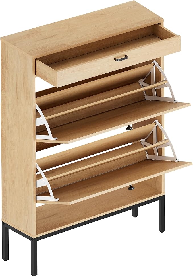 XIAO WEI Shoe Cabinet, Natural Semi Circle Rattan Shoe Storage Organizer Cabinet with 2 Flip Drawers, Freestanding Shoe Rack with Adjustable Shelf for Entryway (Large Size)