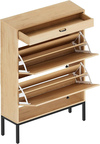 XIAO WEI Shoe Cabinet, Natural Semi Circle Rattan Shoe Storage Organizer Cabinet with 2 Flip Drawers, Freestanding Shoe Rack with Adjustable Shelf for Entryway (Large Size)