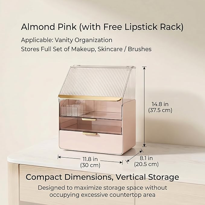 Large Cosmetic Organizer Skincare Holder Bathroom Counter Organizer Fully Transparent Storage Box Dustproof Waterproof Cosmetics Display Case with Drawers for Skincare Lipstick Brushes (Pink)