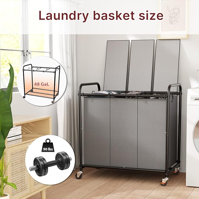 180L Laundry Sorter 3 Section – Heavy Duty Rolling Laundry Basket with Lockable Wheels and Lid, 3 Large Separate Removable Bags, Laundry Hamper Cart for Laundry Room Organizer (Grey)