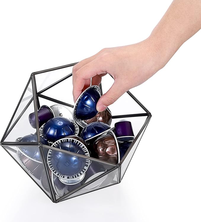 ELLDOO Black Glass Coffee Pods Holder, 15 Sided Geometric Box Coffee Pod Organizer for K Cup Espresso, Tea Bags Sugar Packets Storage Holder for Kitchen Coffee Bar Office Counter