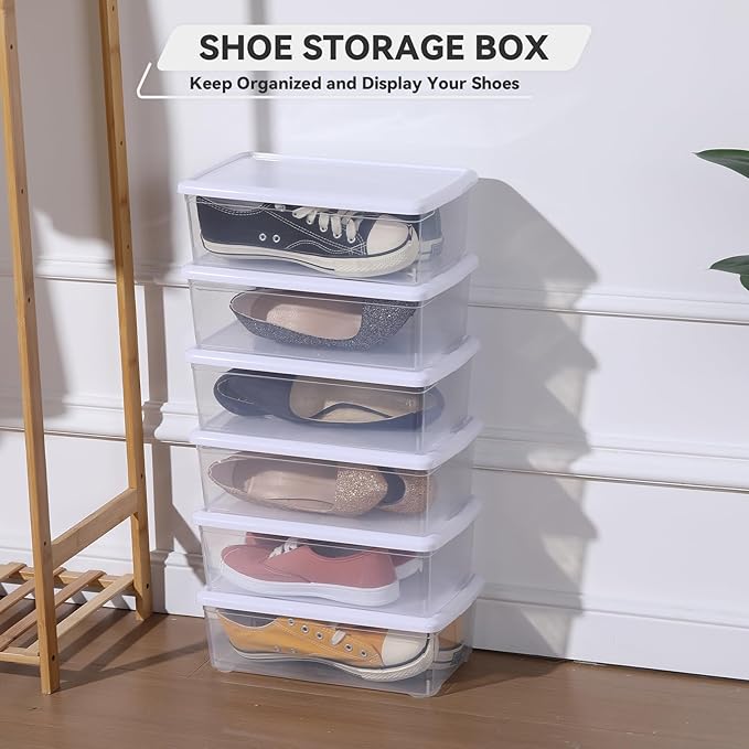 novelinks 8 Pack 6 Quart Clear Plastic Storage Bins with Lids, Stackable Shoe Boxes Plastic Storage Container, Organizer Bins for Shoes Organization (White)