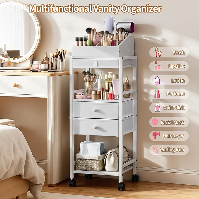 Luxspire Makeup Organizer Cart, Floor Skincare Organizers, Makeup Storage with Drawers, Vanity Organizer Cosmetics Display Cases Holder for Skin Care Perfume Nail Polish Makeup Brush Hair Tool, White