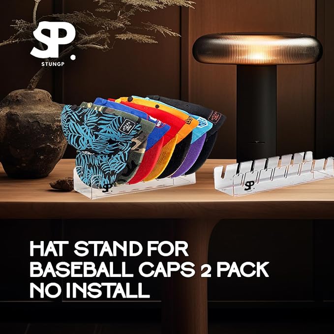 2-Pack No-Install Hat Stand Organizer for Baseball Caps – Clear Acrylic Cap Holder Rack Display, Stores 14 Hats, Space-Saving Baseball Cap Organizer for Closet or Shelf