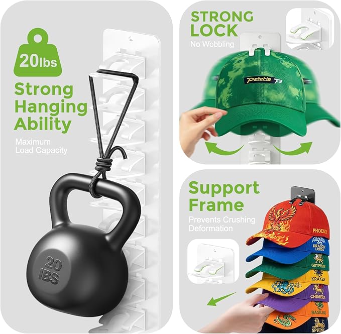 Detachable 2 Pack Hat Hook Organizer for Baseball Caps, Hat Hanger Holder for 20 Caps, Wall Hat Rack with Strong Adhesive, Multilayer Cap Storage Hooks for Closet Door and Bedroom (Style C-White)