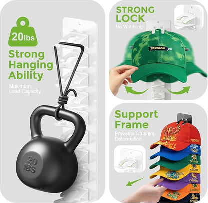 Detachable 2 Pack Hat Hook Organizer for Baseball Caps, Hat Hanger Holder for 20 Caps, Wall Hat Rack with Strong Adhesive, Multilayer Cap Storage Hooks for Closet Door and Bedroom (Style C-White)