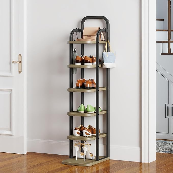 6 Tier Vertical Shoe Rack, Adjustable Shelves, Tall Wooden Narrow Shoe Rack with Hooks for Small Space Entryway Living Room