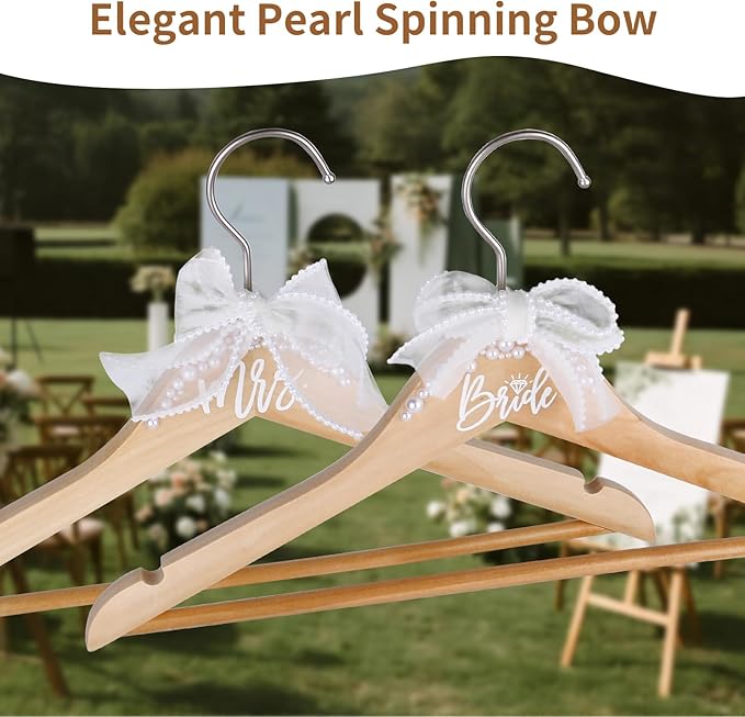 Bride Hanger for Wedding Dress Wooden Pearl Hangers with Pearl Ribbon Bow Elegant Bridal Mrs Wedding Dress Hanger, 2PCS Personalized Wedding Hangers (Burlywood)