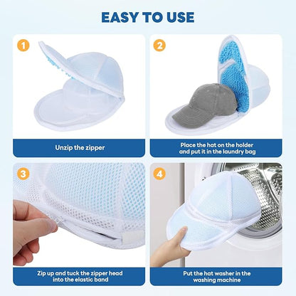 Upgraded Hat Washer Cage with Mesh Bag and Chenille Microfiber for Baseball Caps - Durable Hat Cleaner for Washing Machine, Prevents Deformation, Fits Adult & Kids Caps, White 1 Pack