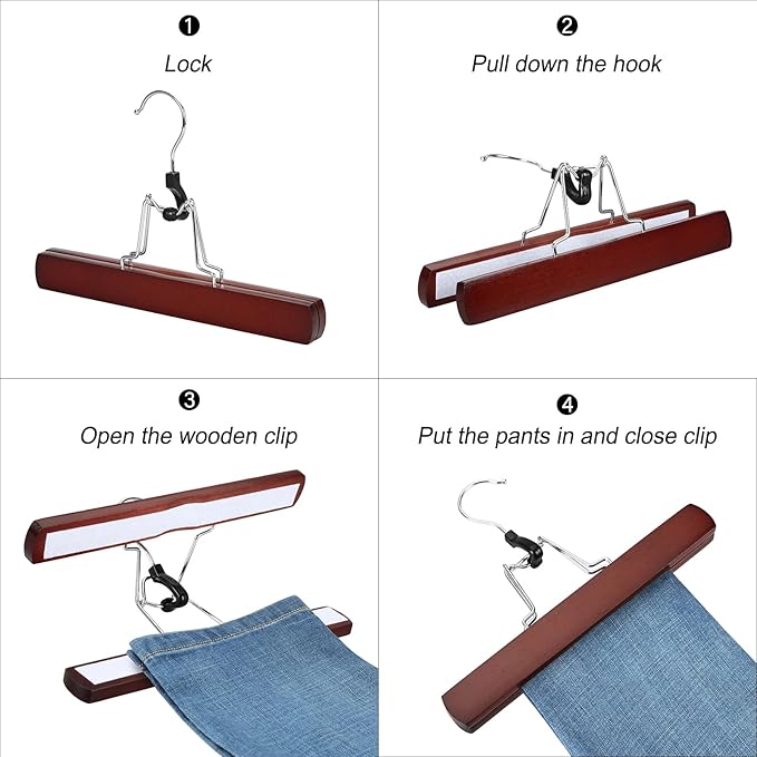TOPIA HANGER 24 Pack Wooden Pants Hangers, Hair Extension Hangers Non Slip Skirt Hanger Wood Clamp with Velvet Padded 360° Swivel Hook for Jeans, Skirts, Trousers, Wigs Cherry CT68M