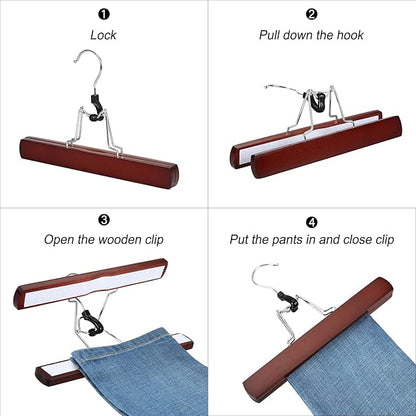 TOPIA HANGER 24 Pack Wooden Pants Hangers, Hair Extension Hangers Non Slip Skirt Hanger Wood Clamp with Velvet Padded 360° Swivel Hook for Jeans, Skirts, Trousers, Wigs Cherry CT68M