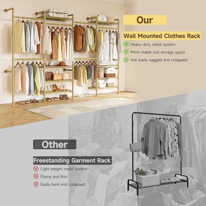 ONBRILL H4 Wall Mounted Closet System, Expandable Industrial Pipe Clothes Rack Clothing Rack for Hanging Clothes, Heavy Duty Closet Organizers and Storage in Wardrobe Closet - Gold