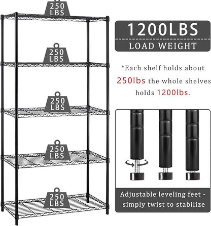 5 Tier Metal Shelving Unit Adjustable Wire Storage Shelves NSF Metal Storage Rack Shelf Organizer Kitchen Storage for Pantry Office, 1200Lbs Capacity, 72" H x 36" W x 14" D, Black