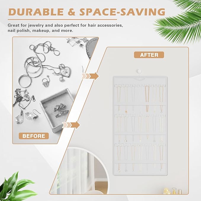Hanging Jewelry Organizer Storage Roll, Double-Sided Necklaces Holder, 42 Pockets Plus 36 hooks Earrings Organizer Hang in Closet, On Wall, or Doors, White