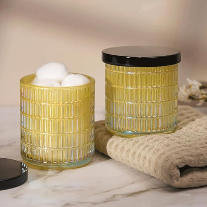 Qtip Holder for Bathroom set of 2, Clear Glass Apothecary Jars with Lids, Bathroom Canisters for Cotton Balls,Swabs,Floss Picks,Hair Ties,Vanity Organizer and Storage,Vintage Decor (Yellow)