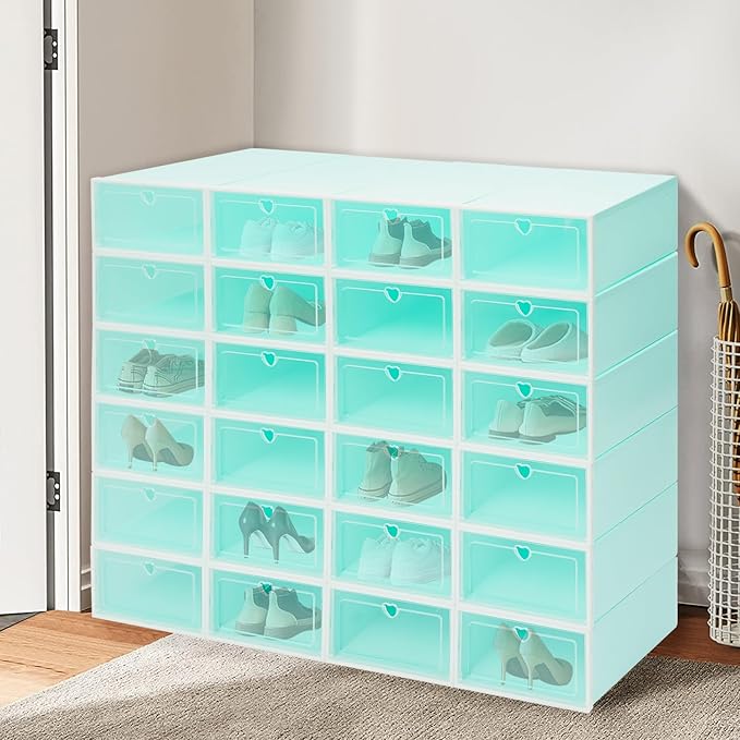 24Pcs Shoe Storage Box, Shoe Box Side Open, Clear Shoe Boxes Stackable, Plastic Stackable Shoe Storage Organizer, for Shoes, Including Sneakers, High Heels, Canvas Shoes, Boots, Etc (Green)