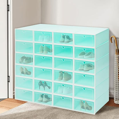 24Pcs Shoe Storage Box, Shoe Box Side Open, Clear Shoe Boxes Stackable, Plastic Stackable Shoe Storage Organizer, for Shoes, Including Sneakers, High Heels, Canvas Shoes, Boots, Etc (Green)