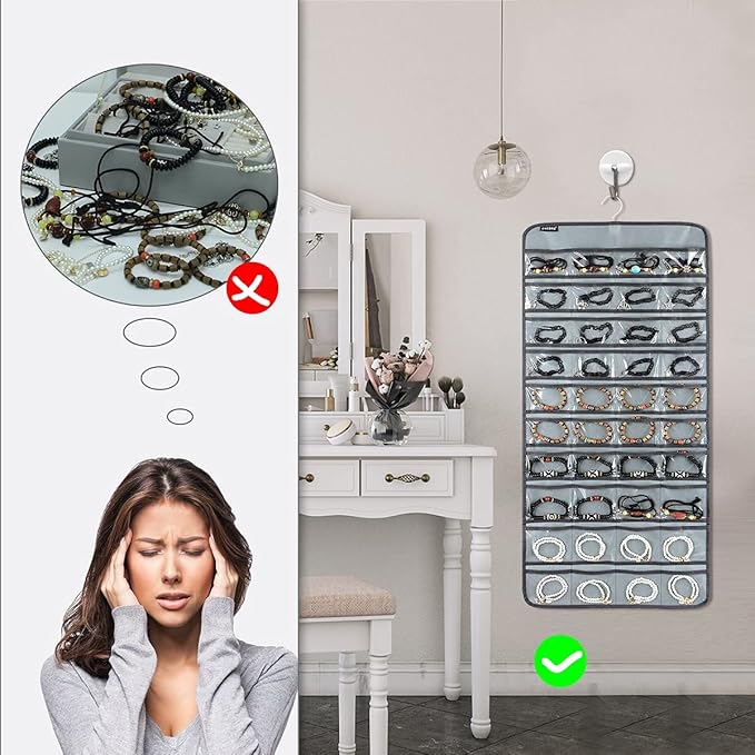 80 Pockets Hanging Jewelry Organizer for Holding Jewelries Dual-Sided Accessory Display Holder for Earrings Bracelets Rings (80 Pockets-Grey)