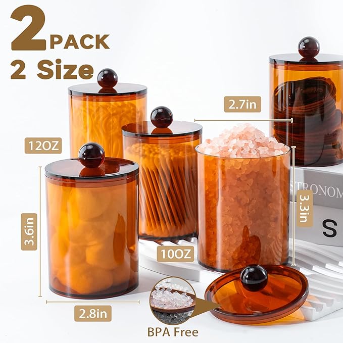 XIPENGKEJI 2 Pack Qtip Holder,Canister Apothecary Jar Set, Bathroom Jars with Lids Set for Cotton Swabs, Balls, Pads, Floss Picks,10oz-12oz Plastic Canisters Restroom Bedroom Vanity Organizer(Brown)