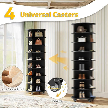 8 Tier Rotating Shoe Rack, Shoe Tower Organizer with 4 Universal Casters, Spinning Lazy Susan Display Storage Rack Round Carousel Vertical Handbag Closet (Dark Black, 23.6’’×23.6’’×74’’)