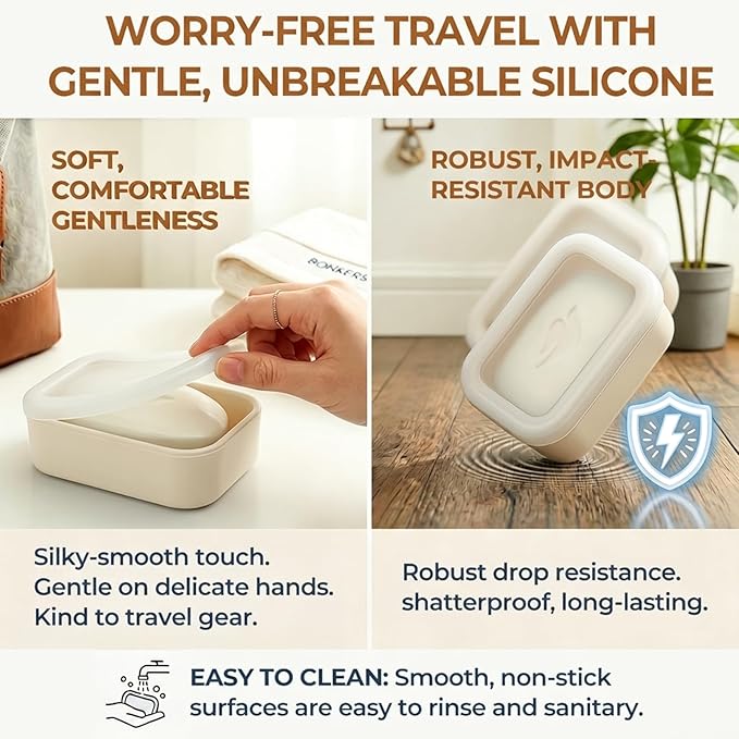 AIMAIAIMAI Compact Leakproof Travel Soap Case, Shatterproof Silicone Travel Soap Container with Draining Pad, Great for Outdoor, Camping, Gym (Off-White)