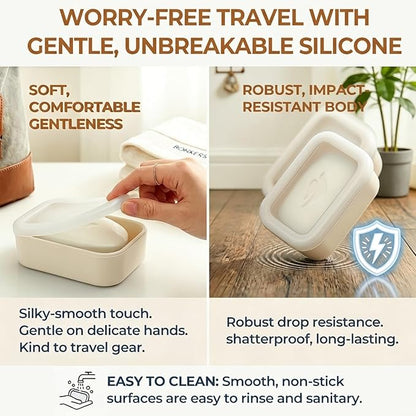 AIMAIAIMAI Compact Leakproof Travel Soap Case, Shatterproof Silicone Travel Soap Container with Draining Pad, Great for Outdoor, Camping, Gym (Off-White)