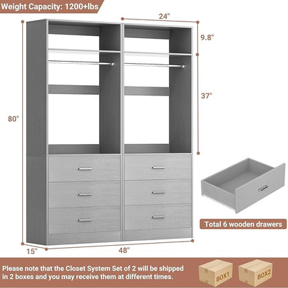 Besiost Closet System Set of 2, 4FT Closet Systems with 6 Wood Drawers, 48" Closet Organizer System with 2 Hanging Rods & 2 Shelves, Heavy Duty 48 Inch Walk-in Closet, Grey (48"L x 15" W x 80" H)