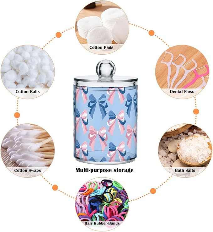 4 Pack Qtip Holder Dispenser Pink Bow Blue Pattern Cotton Ball Swab Round Pads Floss Clear Bathroom Storage Containers Plastic Apothecary Jars with Lids