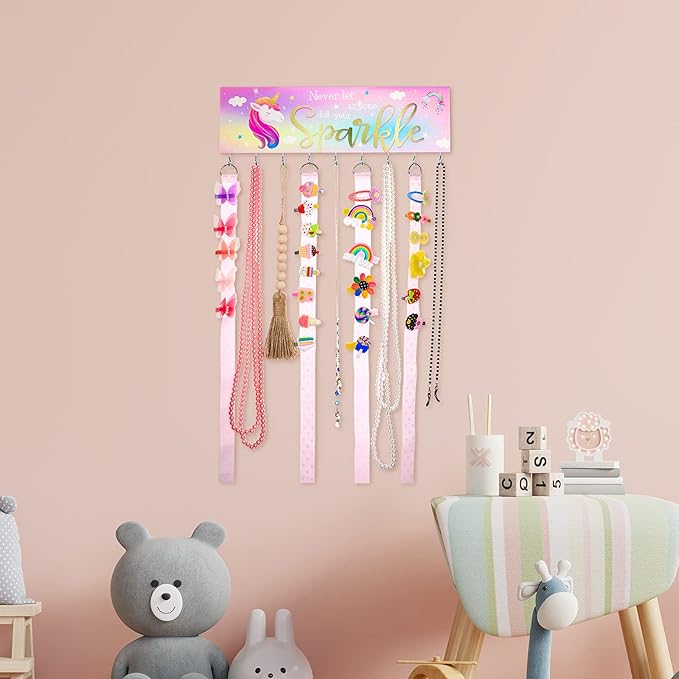 Jetec Hair Bow Organizers, Hair Clip Holders, Hello Beautiful Wall Mount Jewelry Holder with 9 Hooks for Room(Unicorn Style)