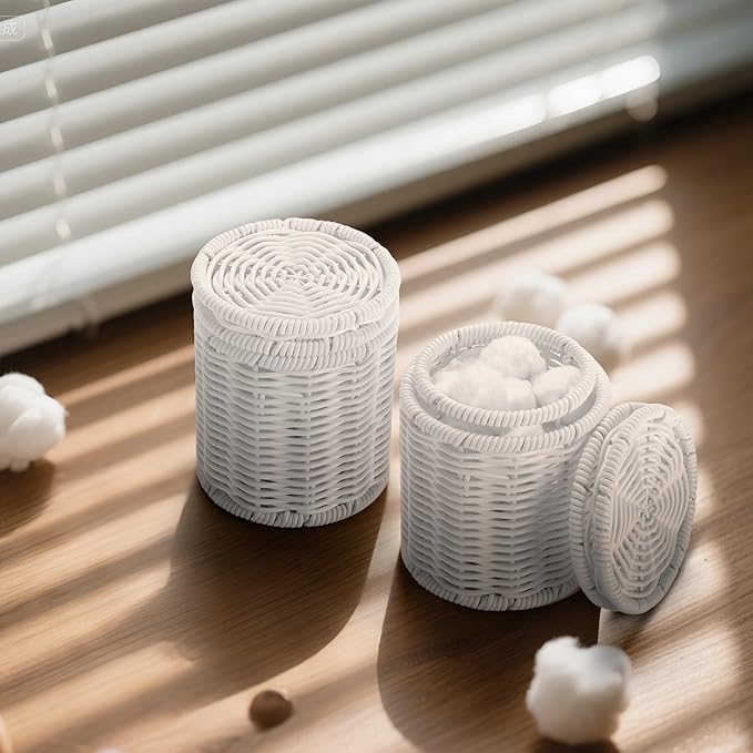 Rattan Jars,Decorative Storage Boxes with Lids, Bathroom Accessories,Rattan Desk Organizer,for Office,Dressing Table,Dental floss picks, cotton swab holders Home Decoration,White（DP056）