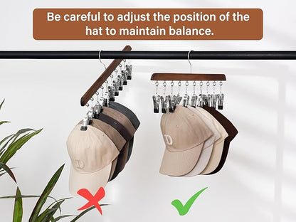 StorageWorks Hat Rack, Closet Organizer and Storage for Baseball Caps,Set of 2 with 10 Adjustable Stainless Steel Clips, Fits All Caps, Natural Walnut Color