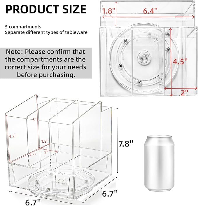 Cididu Acrylic Utensil Holder 360 Rotating, 2 Tier Silverware Organizer with Napkin Storage, Space Saving Countertop Caddy for Kitchen Table, Party, Holds Forks, Spoons, Knives, Napkins, 6.7''x7.8''