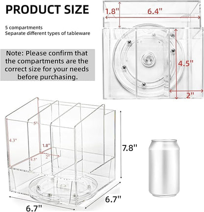 Cididu Acrylic Utensil Holder 360 Rotating, 2 Tier Silverware Organizer with Napkin Storage, Space Saving Countertop Caddy for Kitchen Table, Party, Holds Forks, Spoons, Knives, Napkins, 6.7''x7.8''