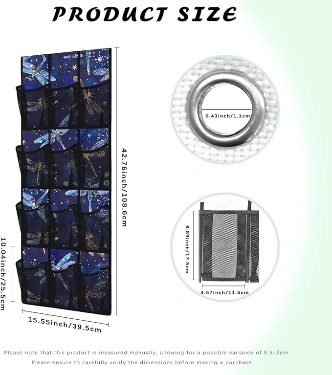 Foldable Over the Door Organizer with 12 Pockets, Storage Hanging Bag Behind the Door, Space Saving Design for Small Spaces, Blue Gold Dragonfly Galaxy
