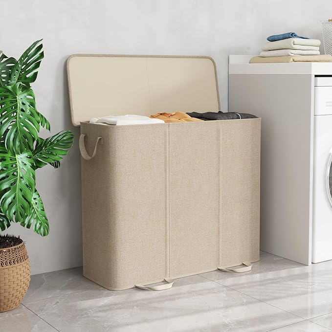 Lifewit Triple Laundry Hamper with Lid and Removable Laundry Bags, Large Collapsible 3 Dividers Dirty Clothes Basket with Handles for Bedroom Laundry Room Closet Bathroom College, 185L Beige