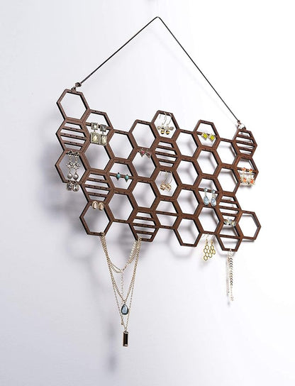 Heesch Honeycomb Earring Organizer Wall Mount Display Wood Hanging Jewelry Organizer for Stud Earrings, Necklaces (Walnut)