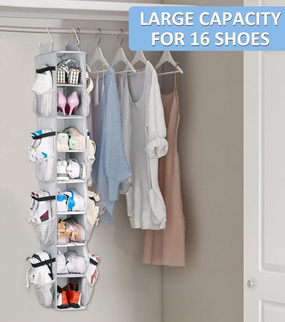 SLEEPING LAMB 8 Shelves Hanging Shoe Rack Hanger, Narrow Hanging Shoe Organizer for Closet Storage Clothes, Gloves, Bags, with 8 Large Mesh Pockets to Hold 16 Pairs Shoes in Dorm, Grey