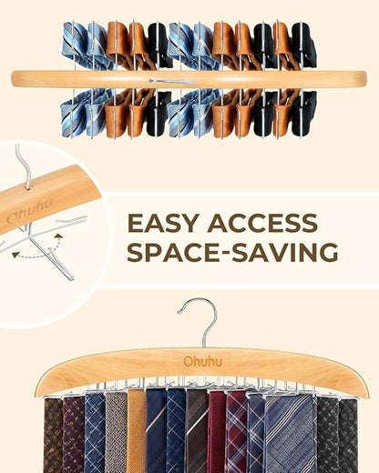 Ohuhu 24-Hook Wooden Tie Rack Organizer for Closet – Space Saving Hanger with 360° Rotating Anti-Slip Clips, Holds 24 Ties Securely Without Wrinkles – Premium Hardwood & Rustproof Steel