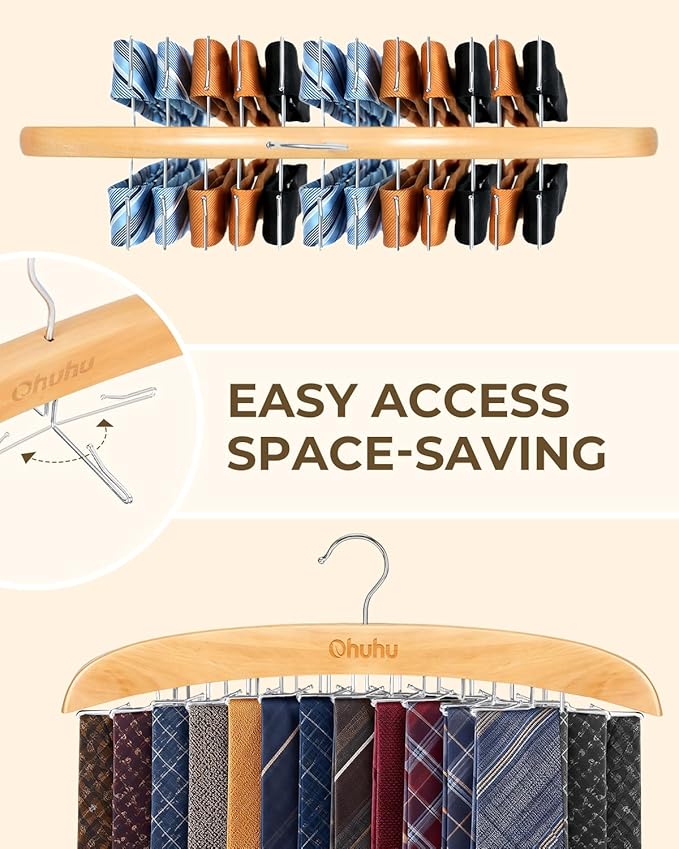 Tie Rack Hanger for Closet: Ohuhu 2 Packs 24 Folding Hooks Tie Hangers for Men Wooden Tie Holder Organizer Space Saving Necktie Storage 360 Degree Rotating Ties Belts Scarves Tank Tops-Burlywood