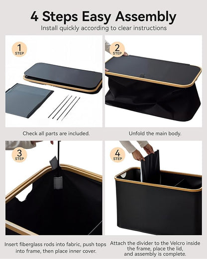 Storage Basket with Lid and Handles, 135L Fabric Bin with Divider for Shelf, Closet, Toy Organization, Collapsible Storage Organizer for Home, Black
