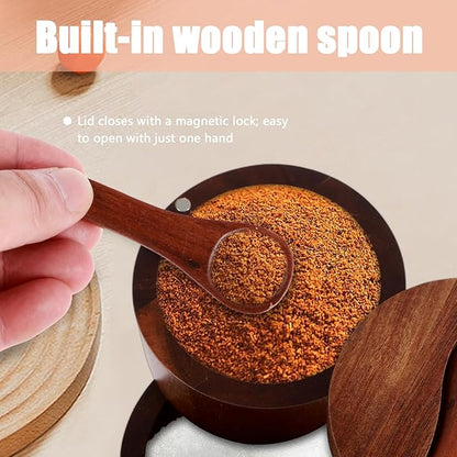 Acacia Wood Salt and Pepper Bowl, Double Layer Salt Cellar Box, Pepper Storage Box, Magnetic Rotatable Seasoning Container with Built in Spoon for Seasonings Spices