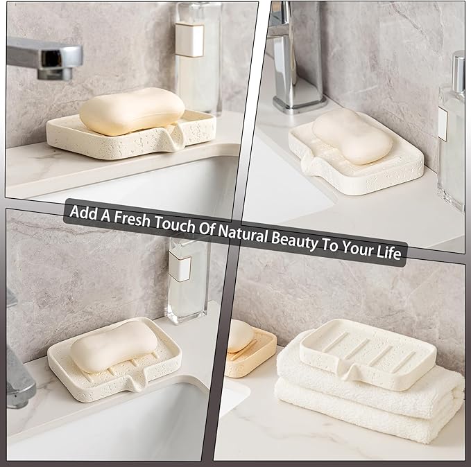 Soap Dish Self Draining Bar Soap Holder Travertine Stone Look Sponge Holders Tray for Shower Bathroom Kitchen Bathtub,Perfect for Dispenser,Scrubber,Bottle,Cup on Sink or Counter (White)