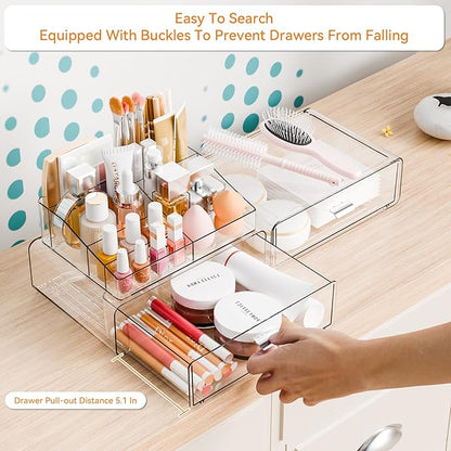 Yieach 3 Tier Clear Acrylic Makeup Organizers with Drawers,Tiered Countertop Make up Storage Organizer for Dresser Top and Bathroom Vanity,Plastic Makeup Stand for Brush,Skincare,Beauty Organizers