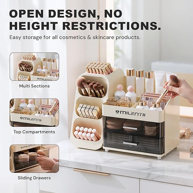 Makeup Organizer with Drawers, Large Capacity Cosmetic & Skincare Storage Box, Countertop Vanity Organizer for Bathroom, Bedroom & Dresser, ABS Plastic Makeup Storage Organizer, Ivory