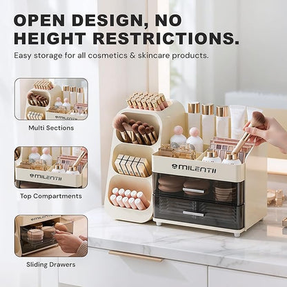 Makeup Organizer with Drawers, Large Capacity Cosmetic & Skincare Storage Box, Countertop Vanity Organizer for Bathroom, Bedroom & Dresser, ABS Plastic Makeup Storage Organizer, Ivory