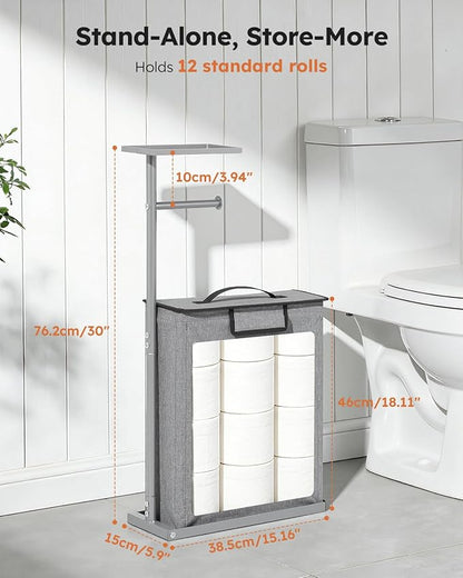 Freestanding Toilet Paper Holder Stand with Shelf for Up to 12 Rolls,Rustproof Metal Bathroom Toilet Paper Storage with Lid, All-in-One Toilet Tissue Roll Dispenser and Organizer,Gray