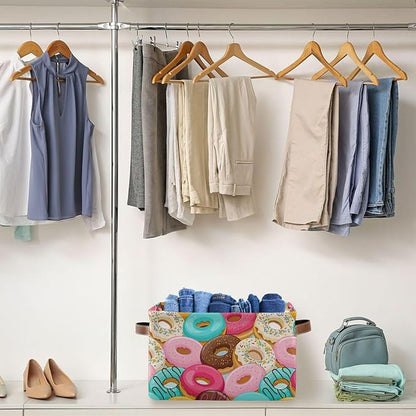 Donuts Storage Basket Bin, Large Cube Storage Box Canvas Collapsible Storage Organizer for Home Office Closet - 15 L x 11 W x 9.5 H