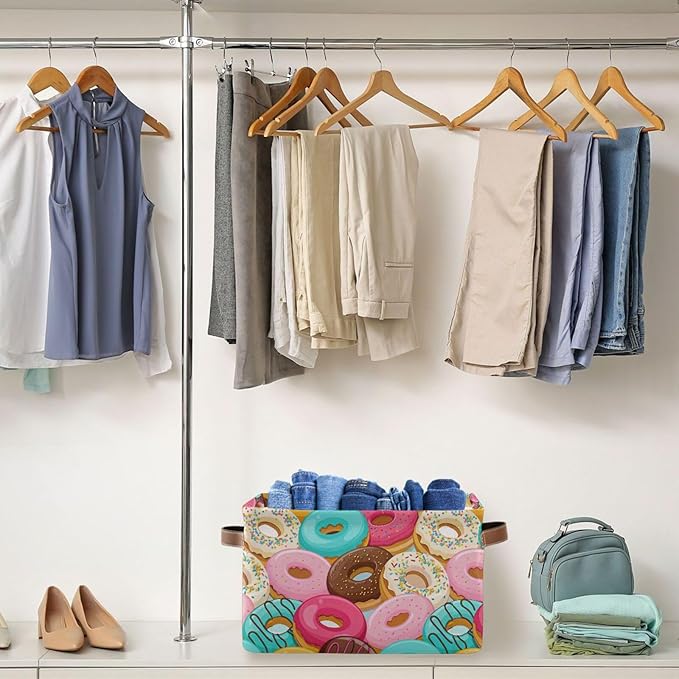 Donuts Storage Basket Bin, Large Cube Storage Box Canvas Collapsible Storage Organizer for Home Office Closet - 15 L x 11 W x 9.5 H