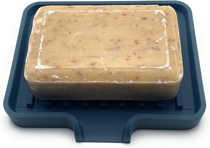 Silicone Soap Dish Tray and Sponge Holder with Drain Chute, Rectangular, Kitchen and Bathroom Sink Organizer (Smoky Blue, 5.2"x4" (Set of 2), 7.2 Ounces)